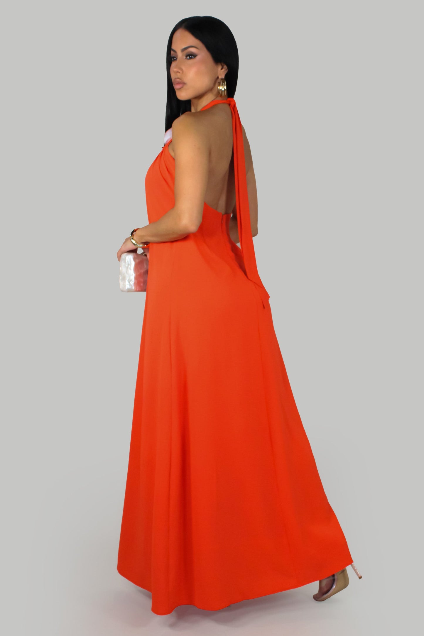 Flower Bloom Halter Dress- Orange