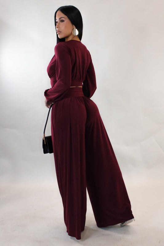 Loose Trousers & Cropped Long Sleeve Top- Red