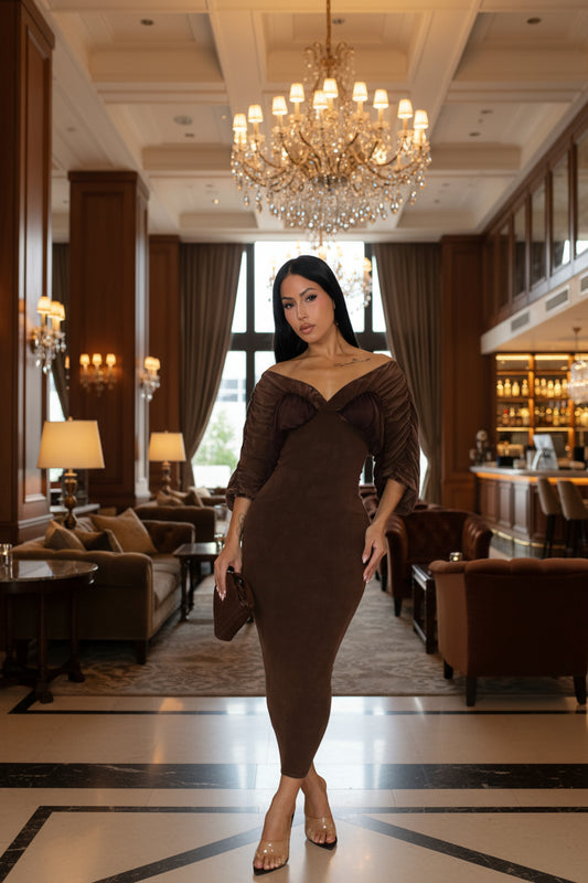 Timeless Ribbed Off the Shoulder Midi Dress- Brown