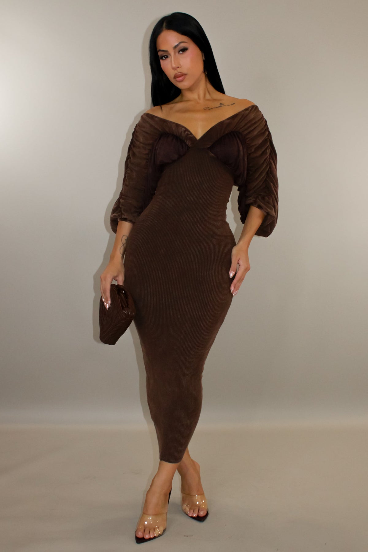 Timeless Ribbed Off the Shoulder Midi Dress- Brown