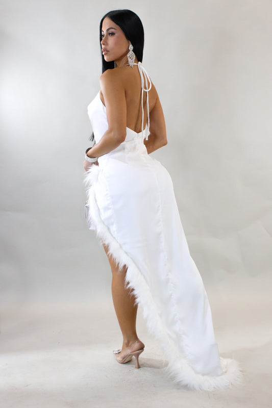 Going Around Fur Accentuated Midi Dress- White