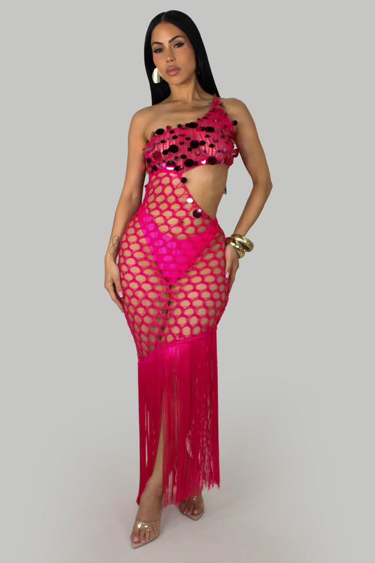 Fuchsia Crochet Fringe Swimwear Dress & Underwear Set