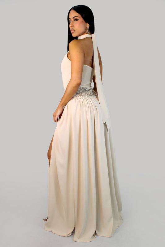 ATTITUDE Pearl & Crystal Embellished Nude Maxi Dress