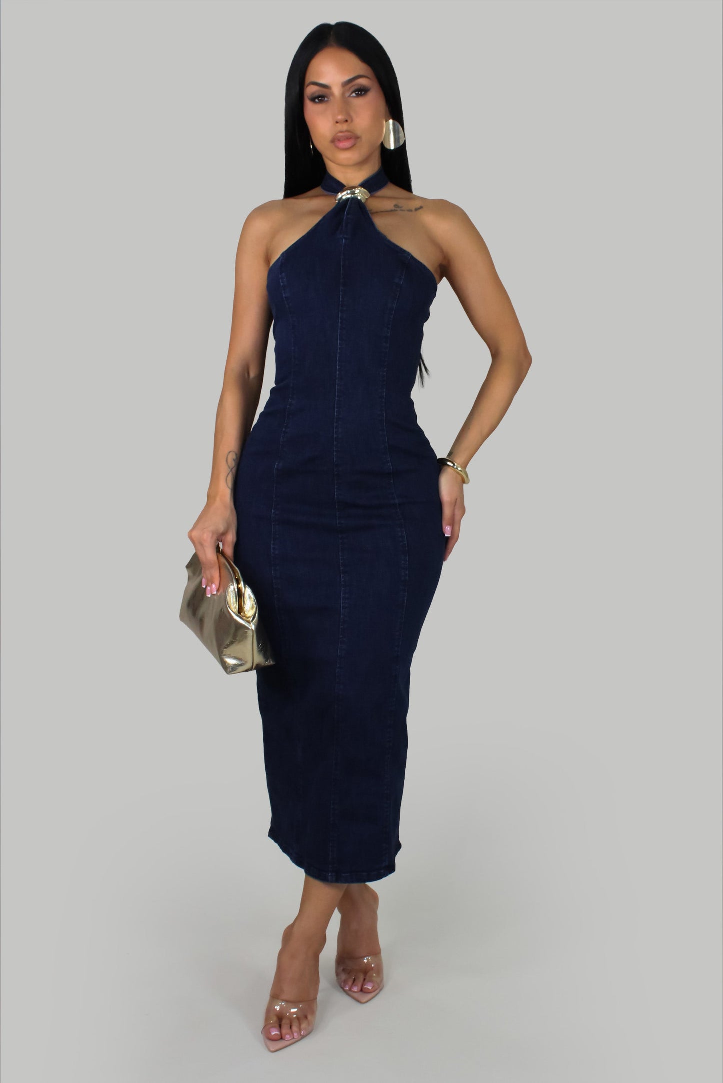 Harper Halter Denim Midi Dress- Dark Denim
