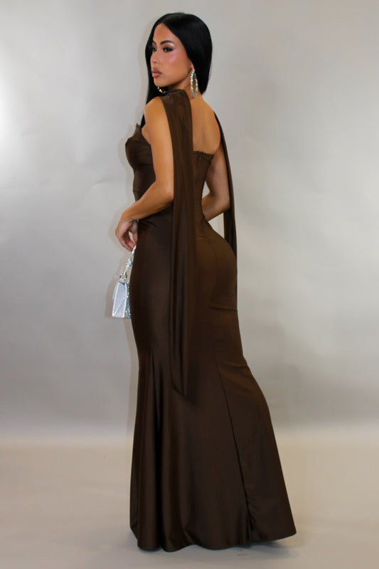 Gala Ready Maxi Dress w/ Scarf- Brown