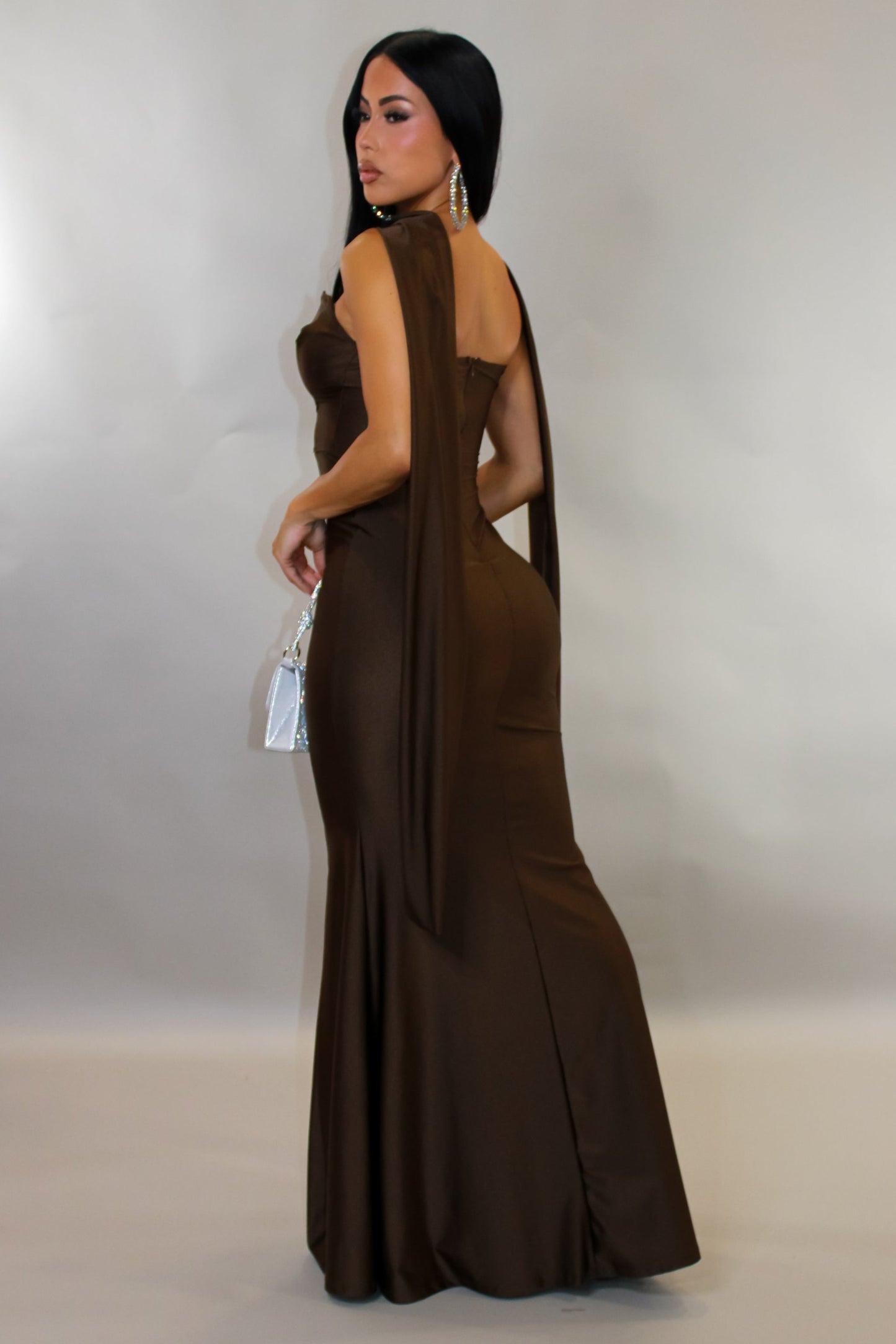 Gala Ready Maxi Dress w/ Scarf- Brown