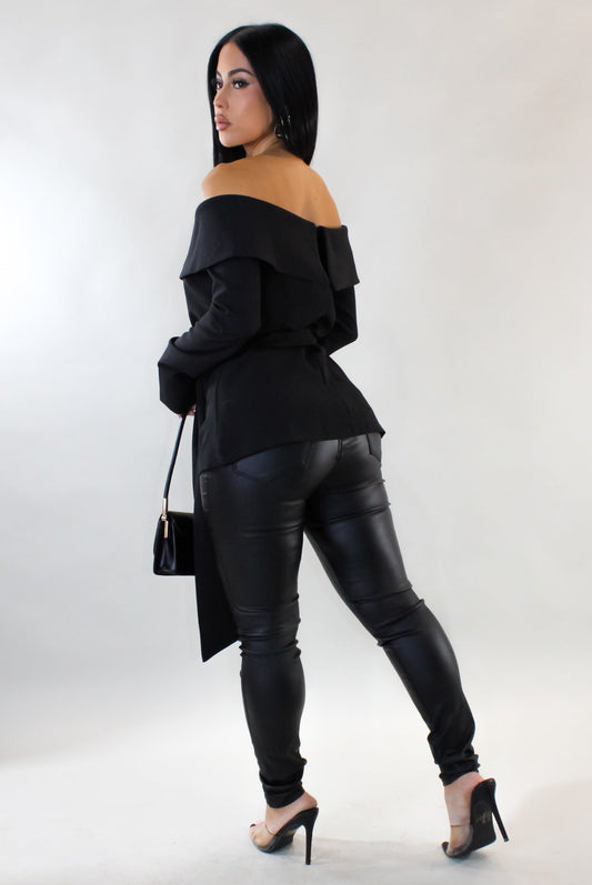 Off Shoulder Tied Blouse- Black