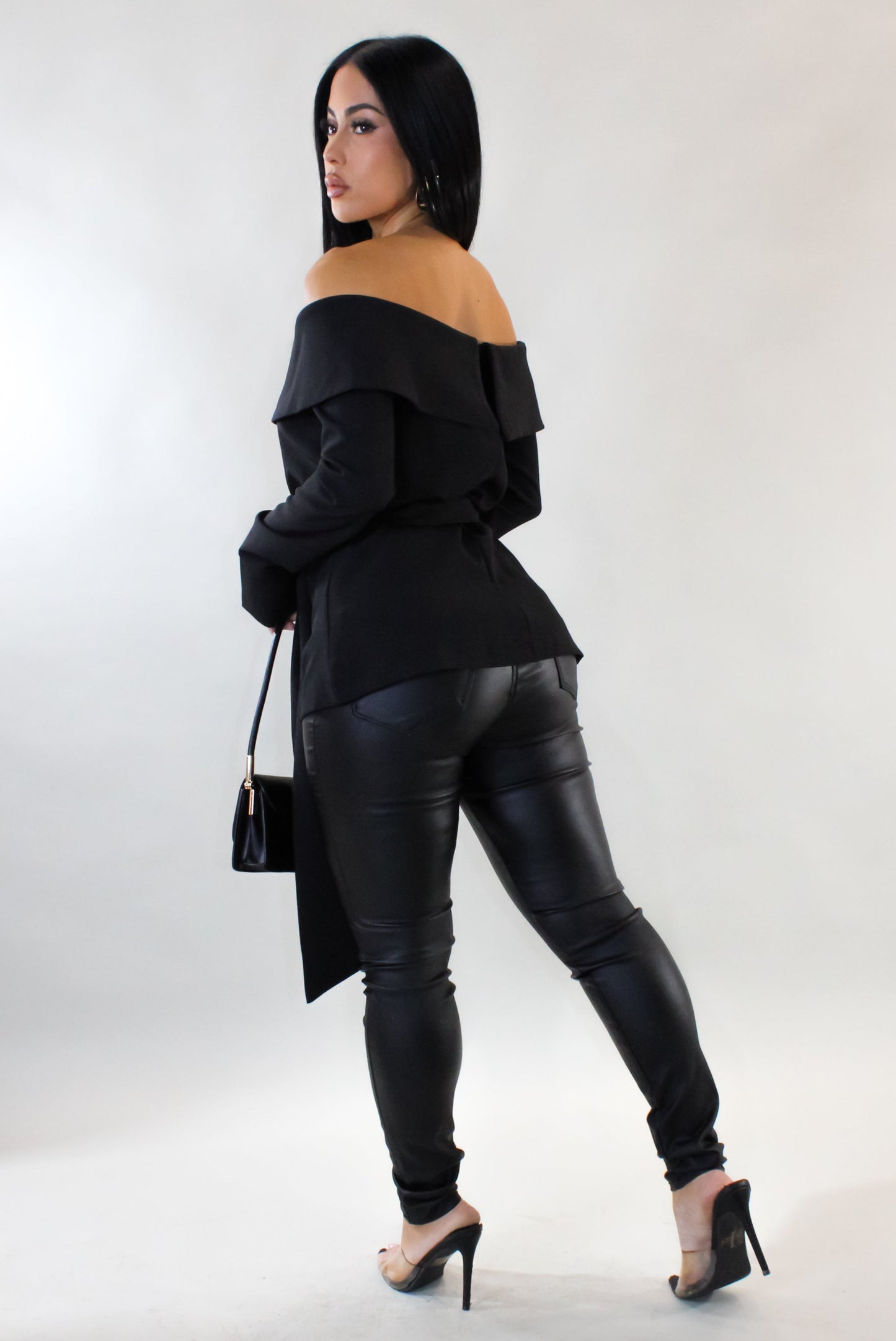 Off Shoulder Tied Blouse- Black