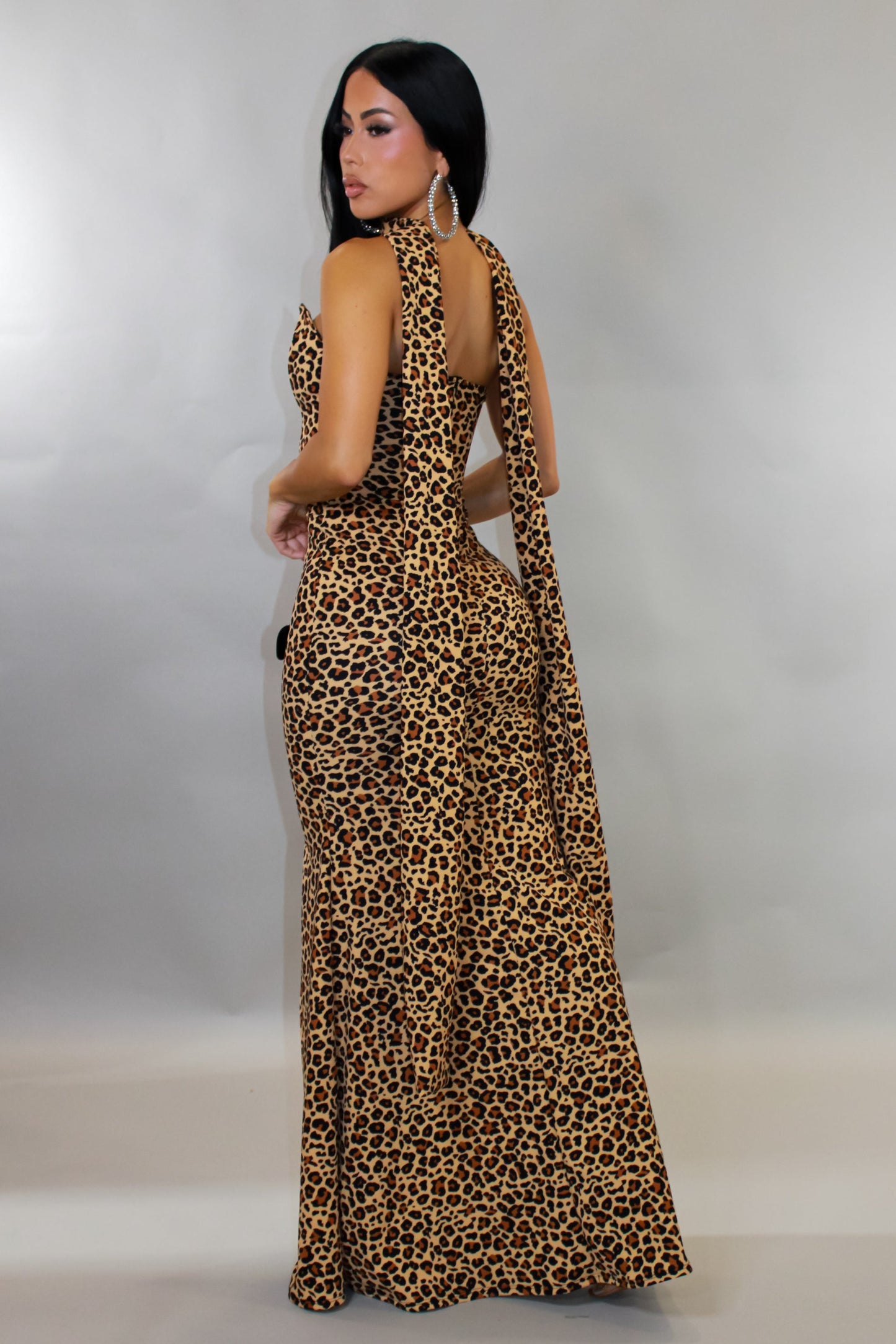 Gala Ready Maxi Dress w/ Scarf- Animal Print