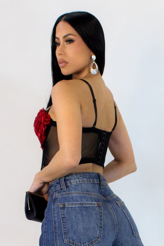 3D Heart Rose & Mesh Cropped Top- Black/Red