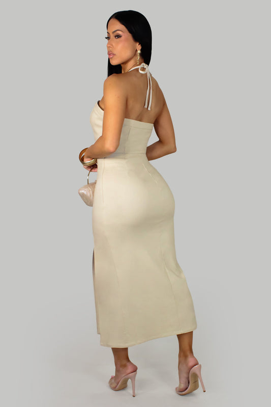 Star Halter Neck Slit Dress- Natural
