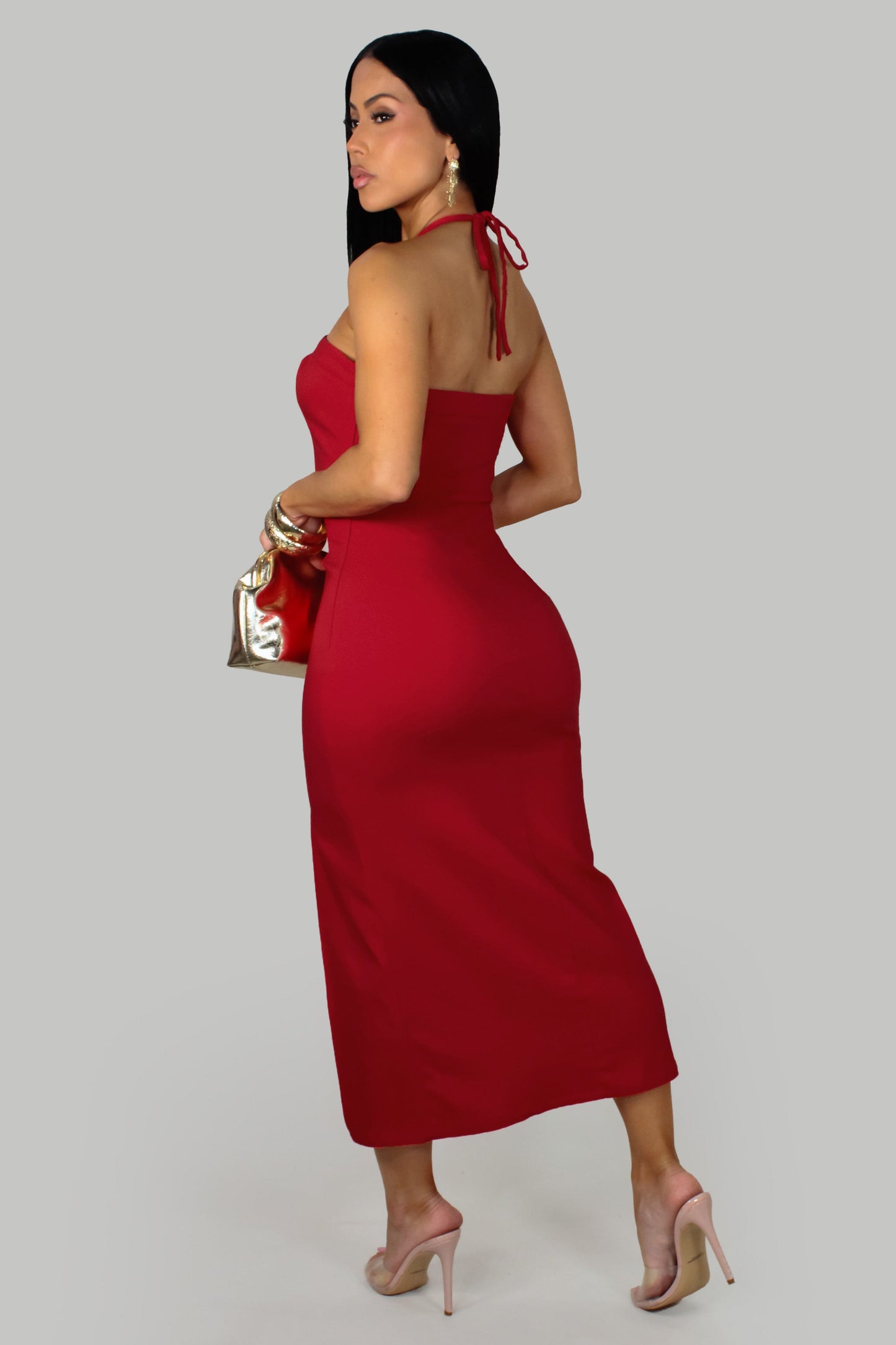 Star Halter Neck Slit Dress- Red