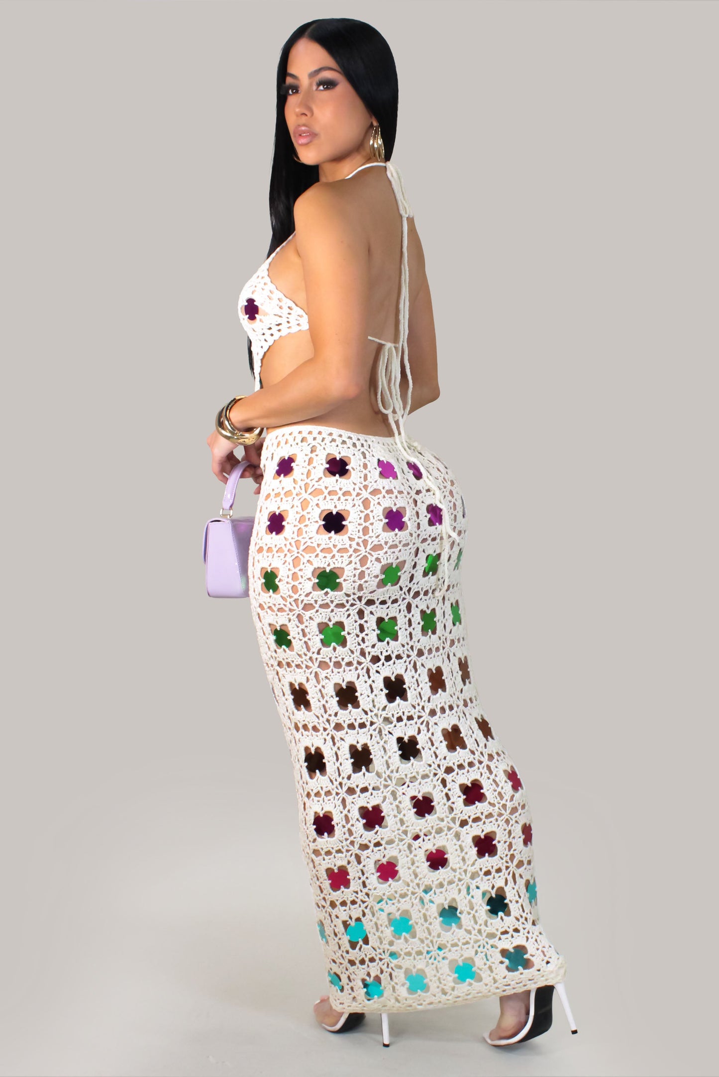Glitter Skirt Set/Swimwear Coverup- Ivory/Multi