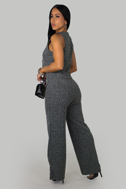 Luxe Tweed Sleeveless V- Neck Cropped Vest & Pants Set- Black/Silver