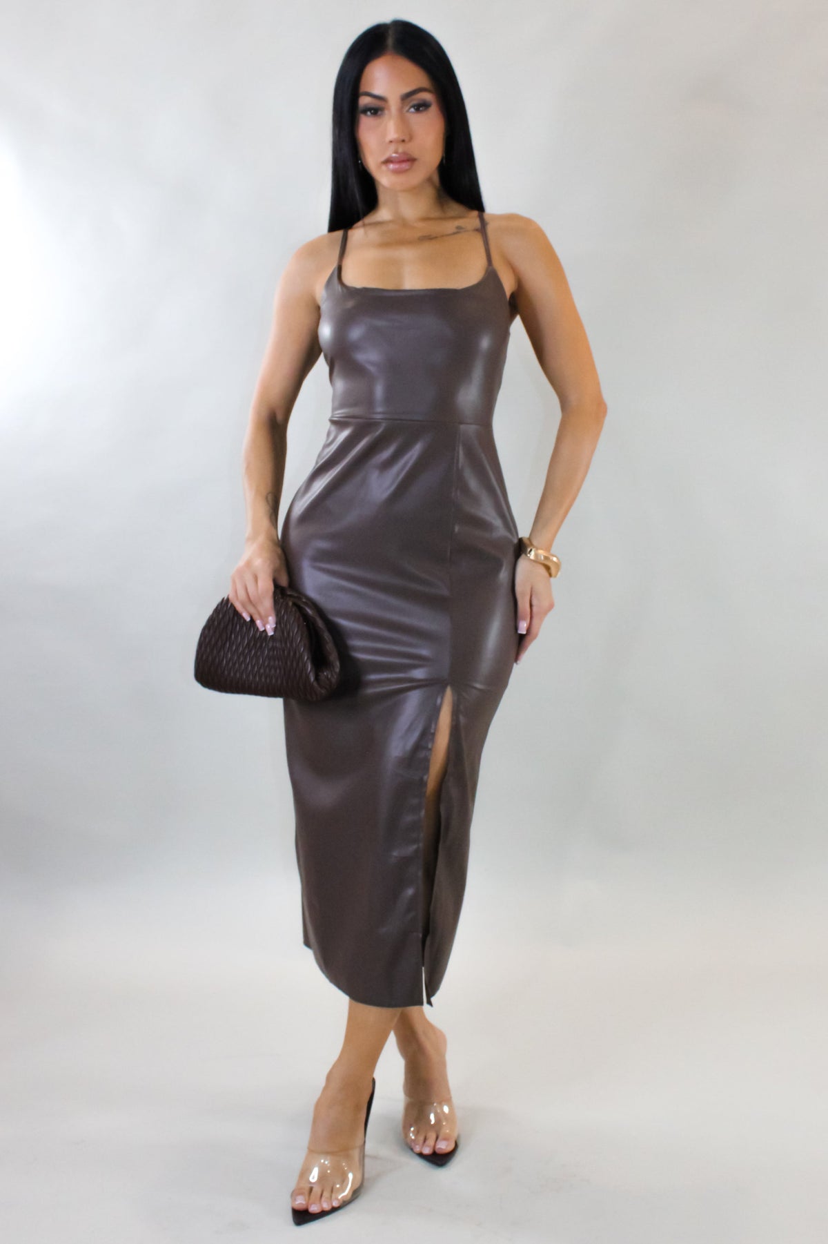 Lure You In Pu Leather Dress- Brown
