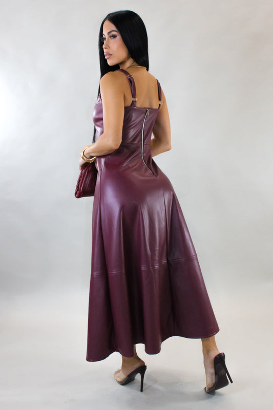 For the One Time Leather Midi Dress- Burgundy