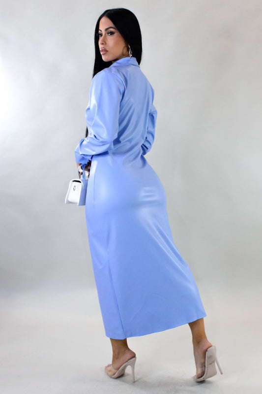Buttoned Leather Midi Dress- Blue
