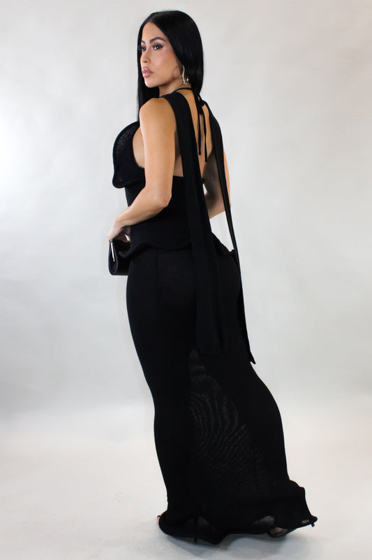Knit Ruffle Halter Maxi Dress-Black