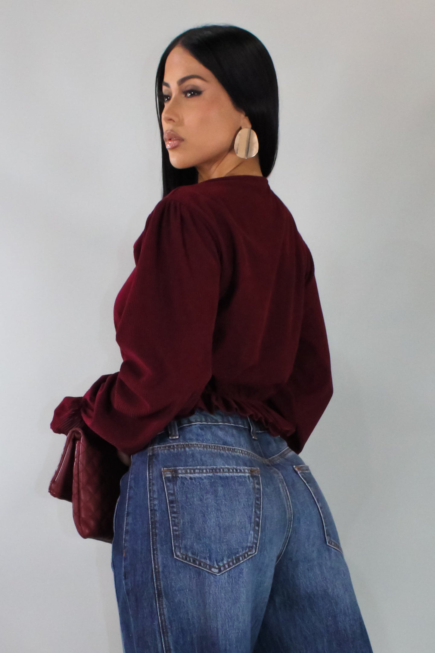 Take Me Out Burgundy Cropped Long Sleeve Top