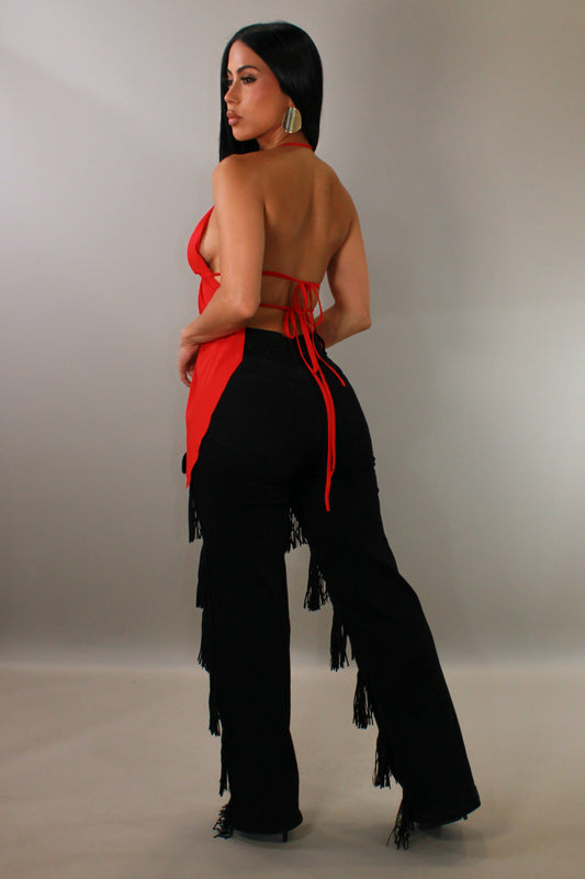 Cheap Thrills Fringe Denim Pants- Black