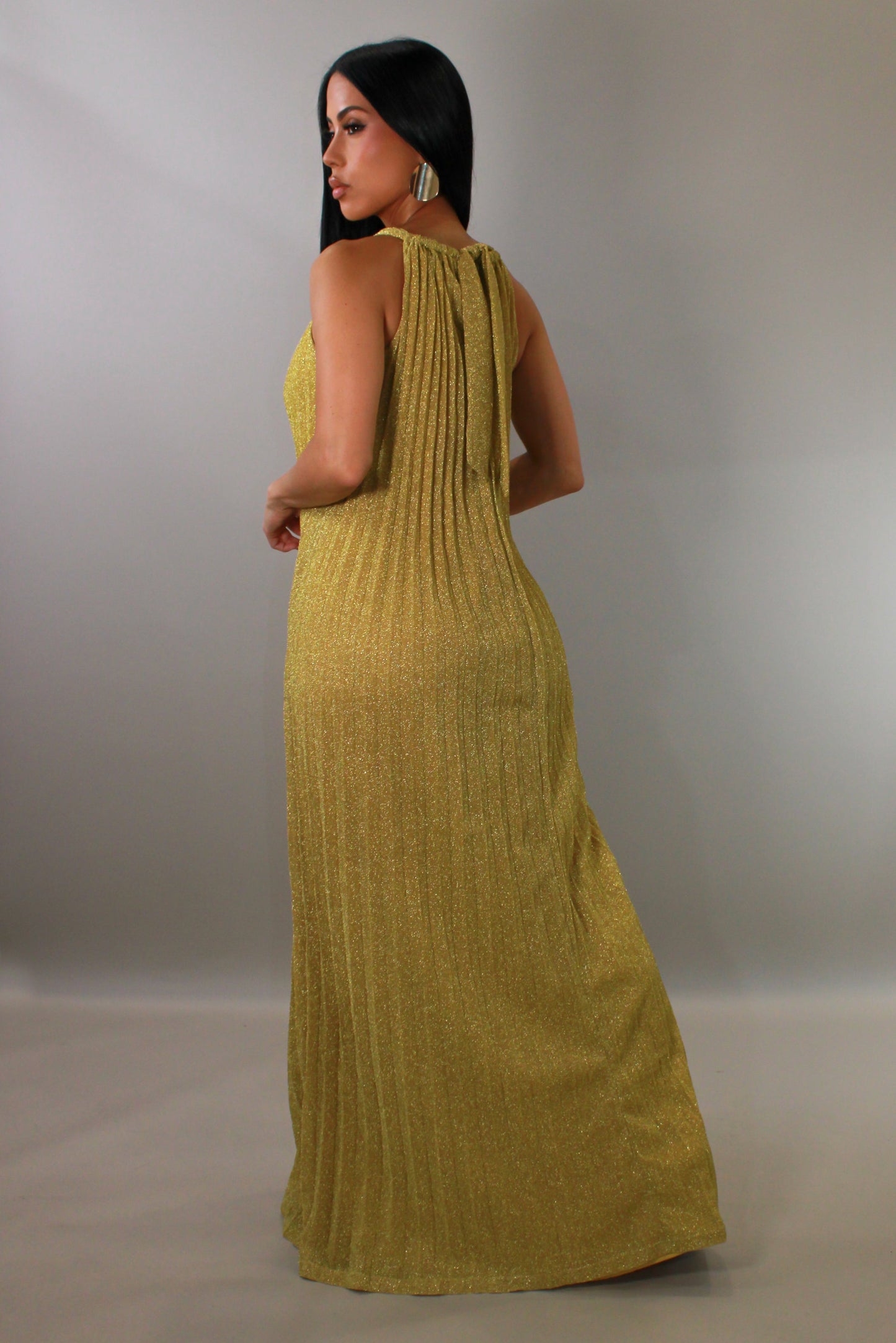 Gold Shimmer Halter Maxi Dress