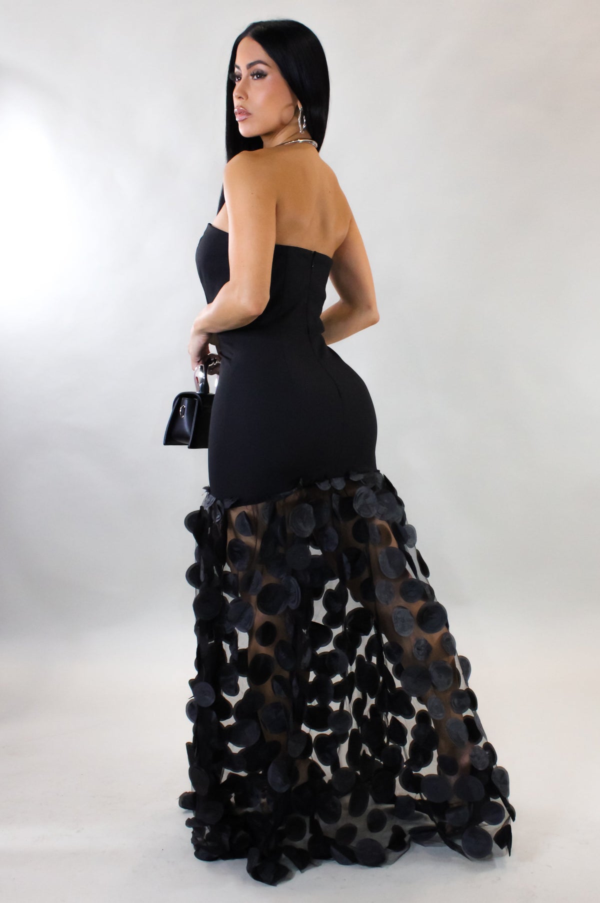 After Dark Black 3D Petals Flow Maxi Dress- Black