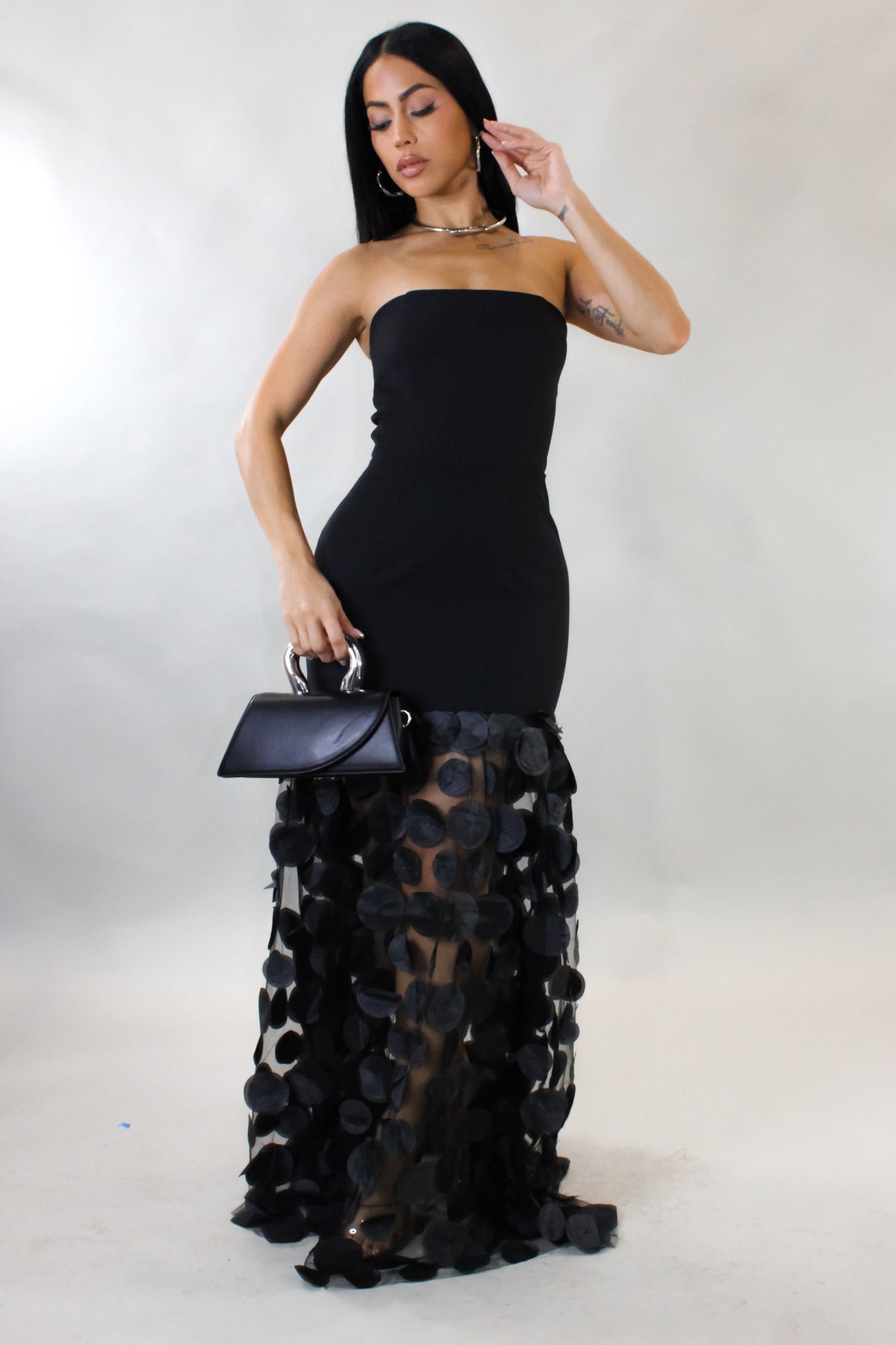 After Dark Black 3D Petals Flow Maxi Dress- Black