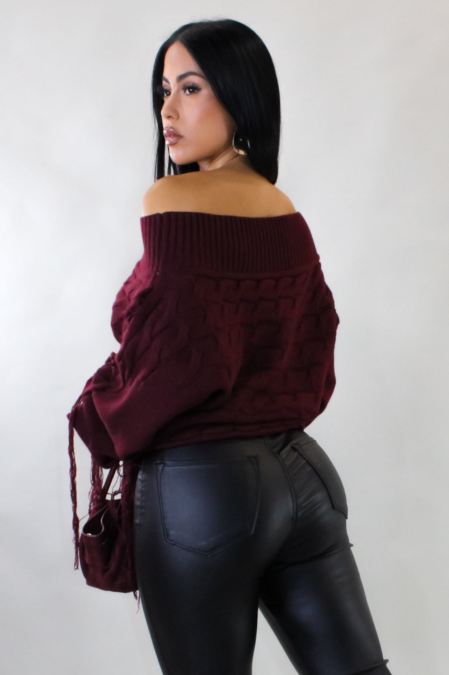 Shaggy Off Shoulder Sweater Top-Red