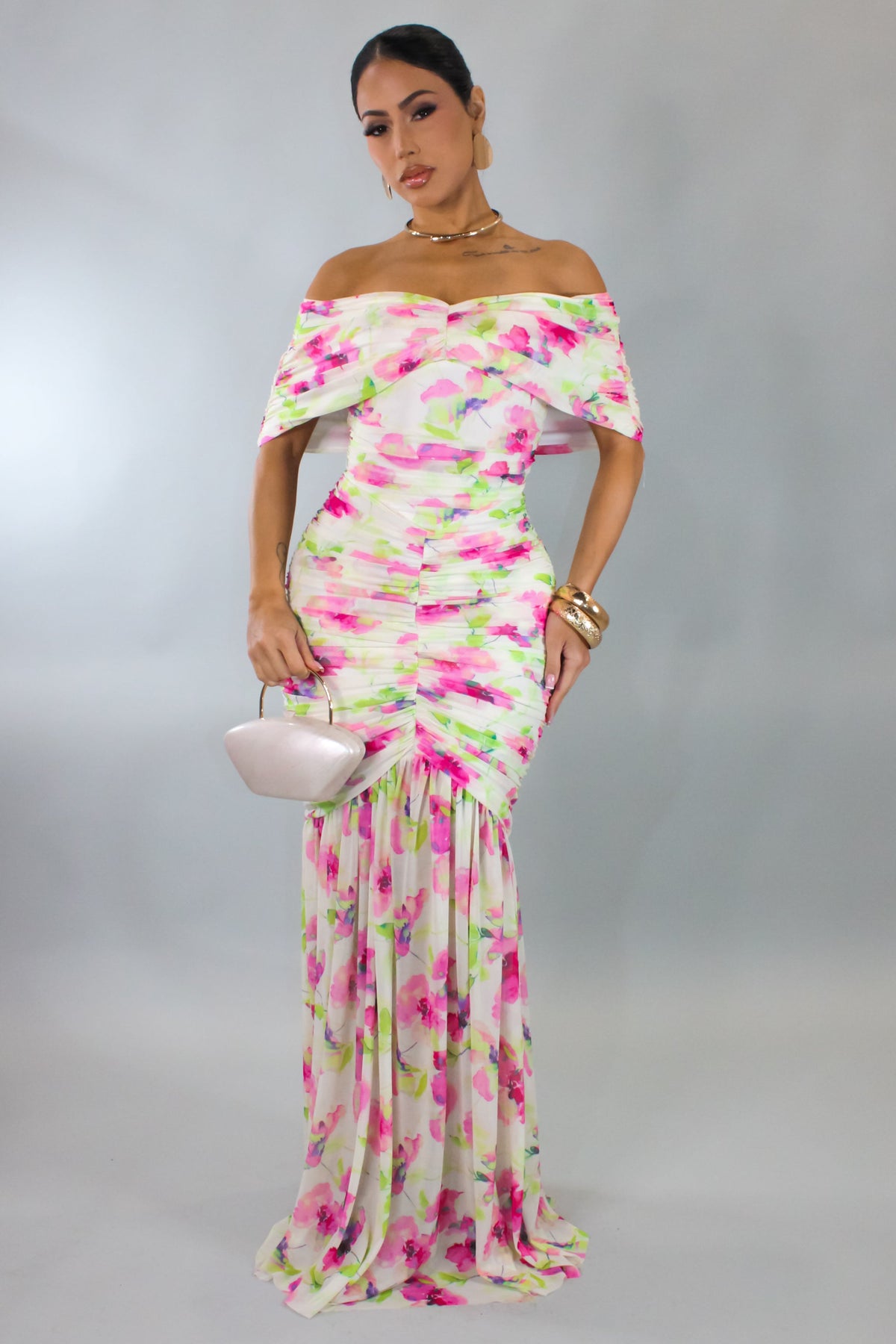 Bouquet of Flowers Off Shoulder Maxi Dress- Pink