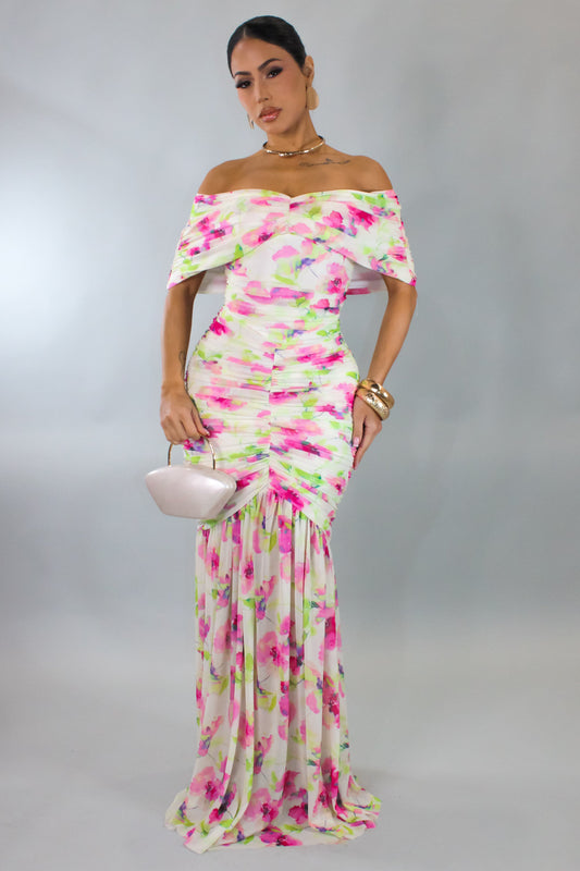 Bouquet of Flowers Off Shoulder Maxi Dress- Pink