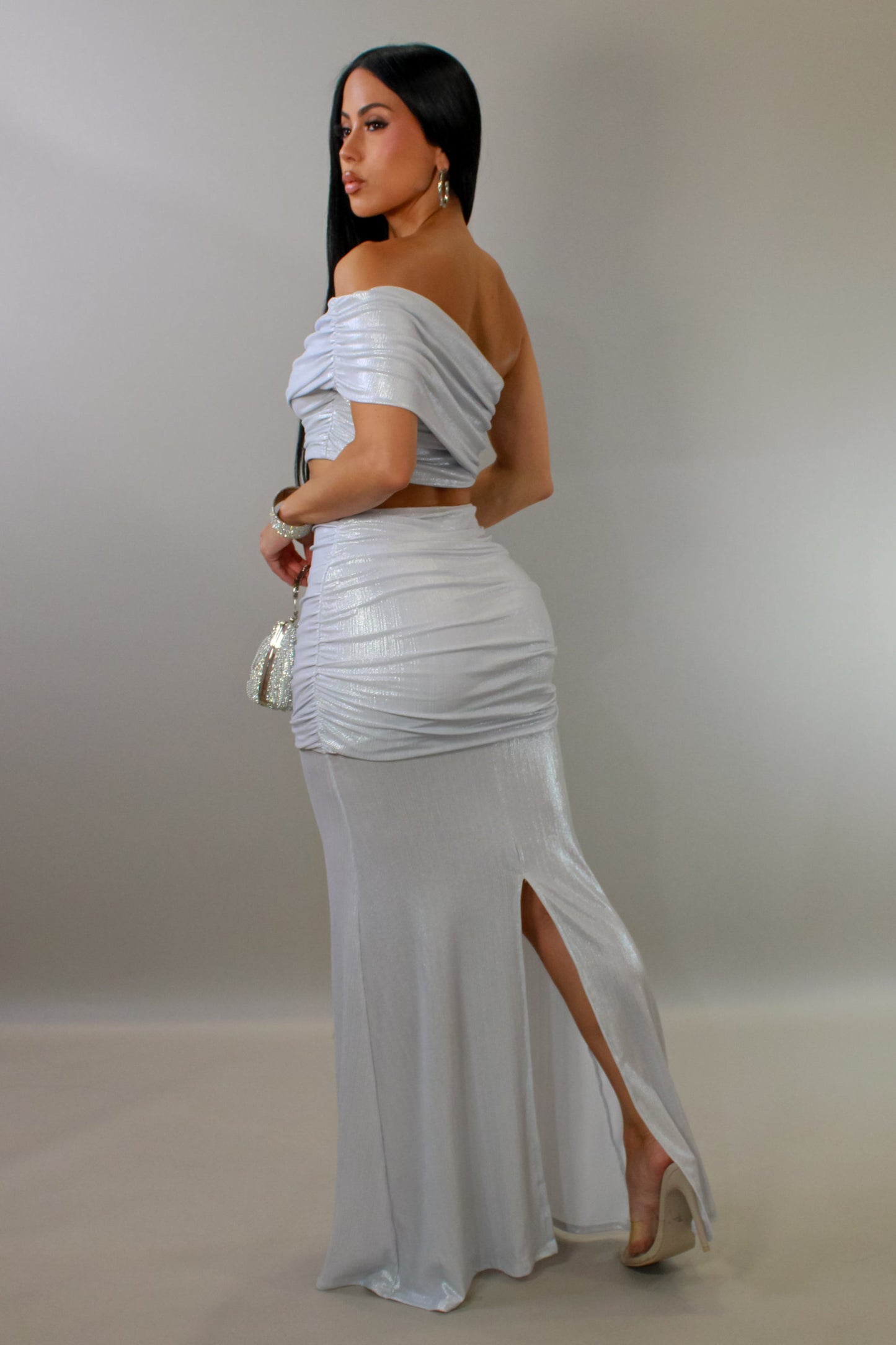 Always On My Mind Metallic Skirt Set- Silver