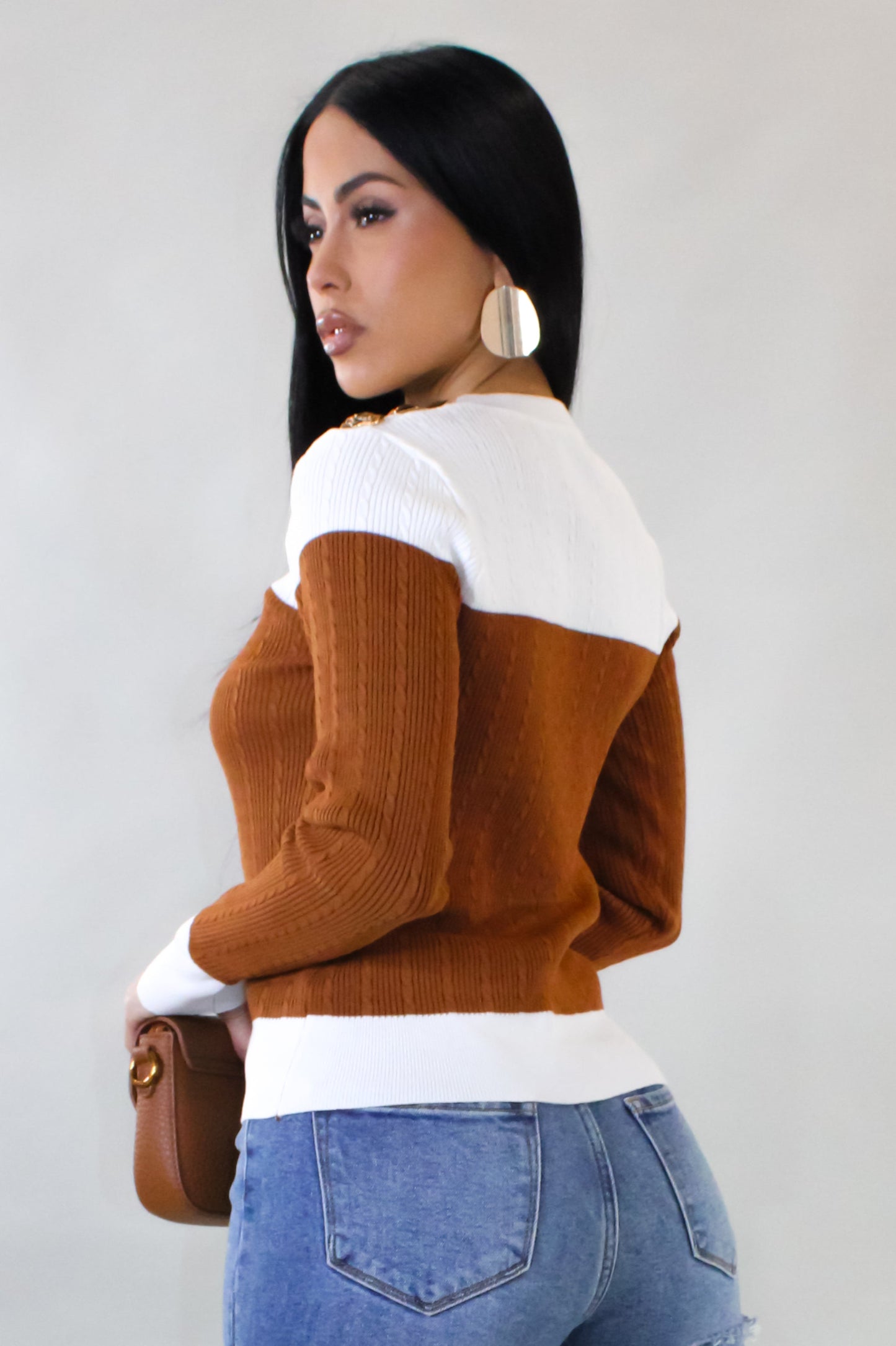 Classy Brown & White Contrast Knit Top