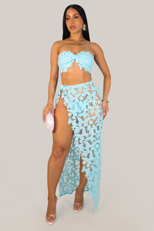 Butterfly Crochet Swimwear Coverup Skirt Set With Matching Underwear- Blue