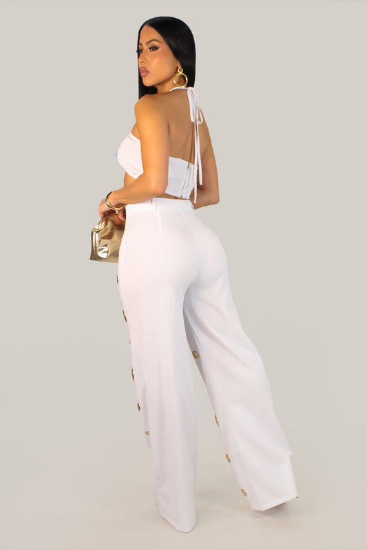 Fancy Holed Up Pants Set- White