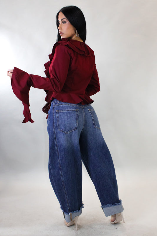 Ruffled Front Tied Blouse- Red