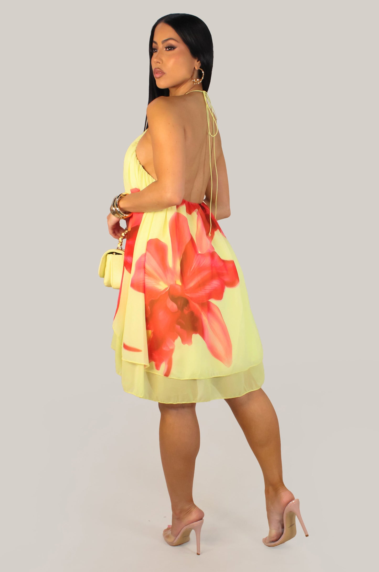 Mamacita High Low Halter Neck Floral Dress- Yellow