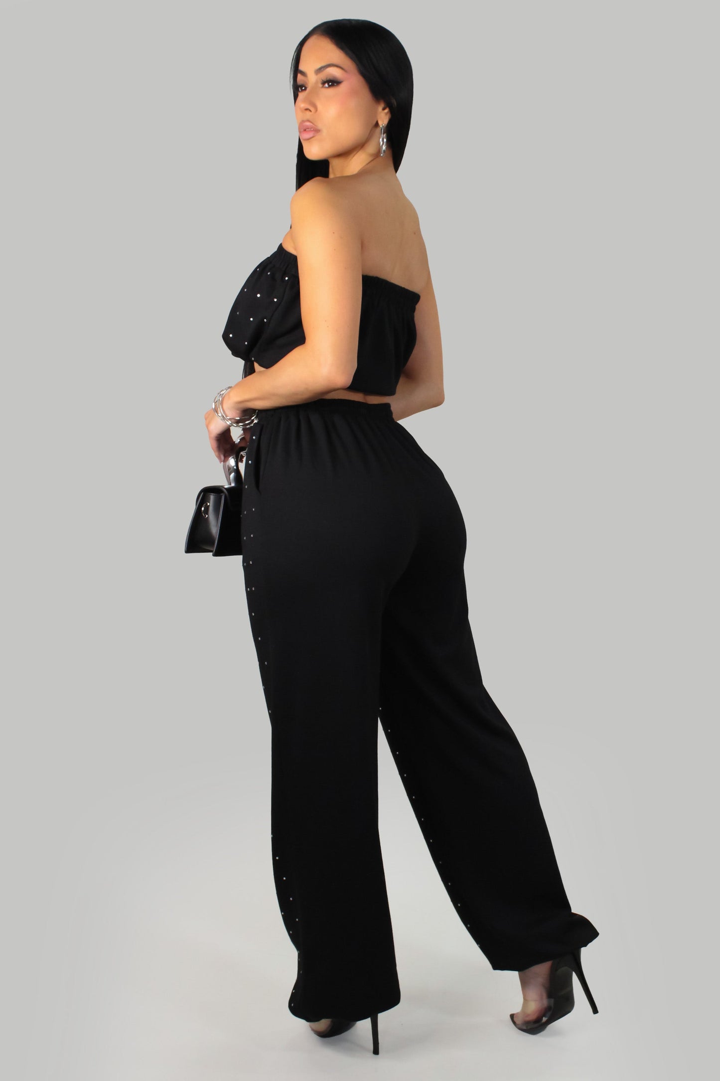 Rhinestone Bling Pants & Cropped Top Set- Black