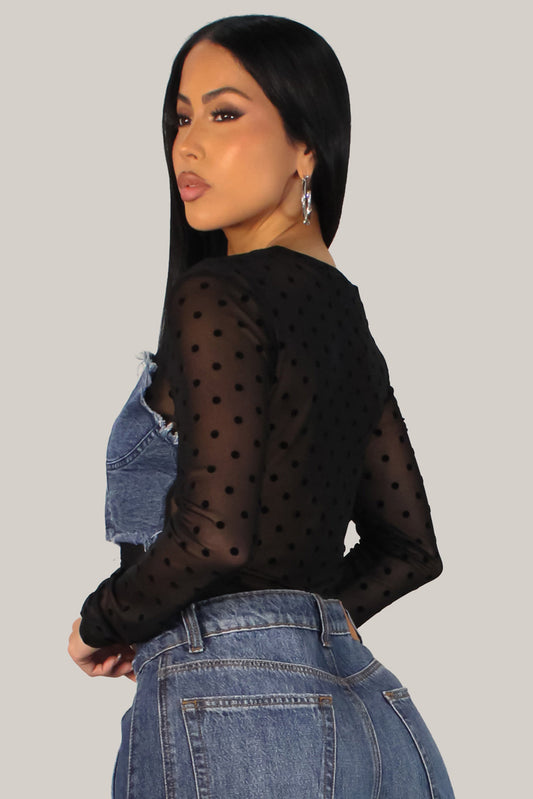 Denim on Sheer Blouse- Black