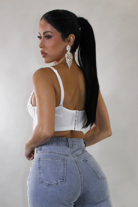 Elegance & Pearls Cropped Top- White