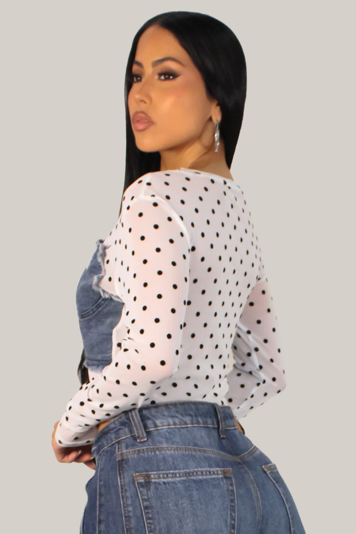 Denim on Sheer Blouse- White