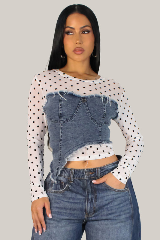 Denim on Sheer Blouse- White