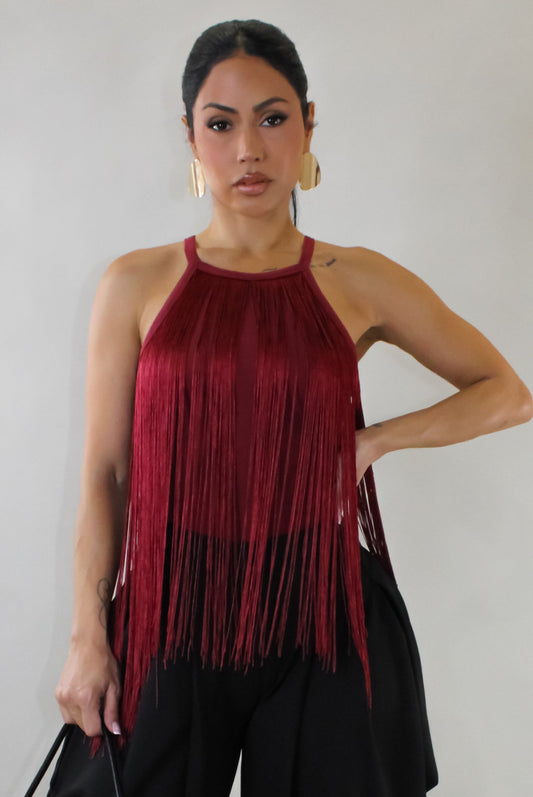 Fringe Bodysuit Top- Burgundy