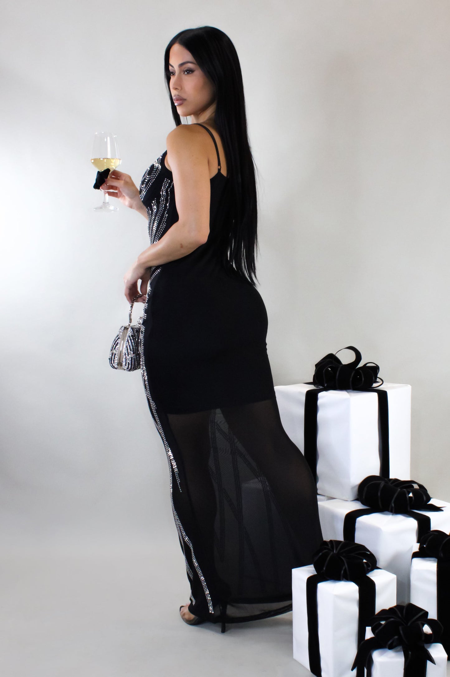 Rhinestone Drizzle Maxi Dress- Black