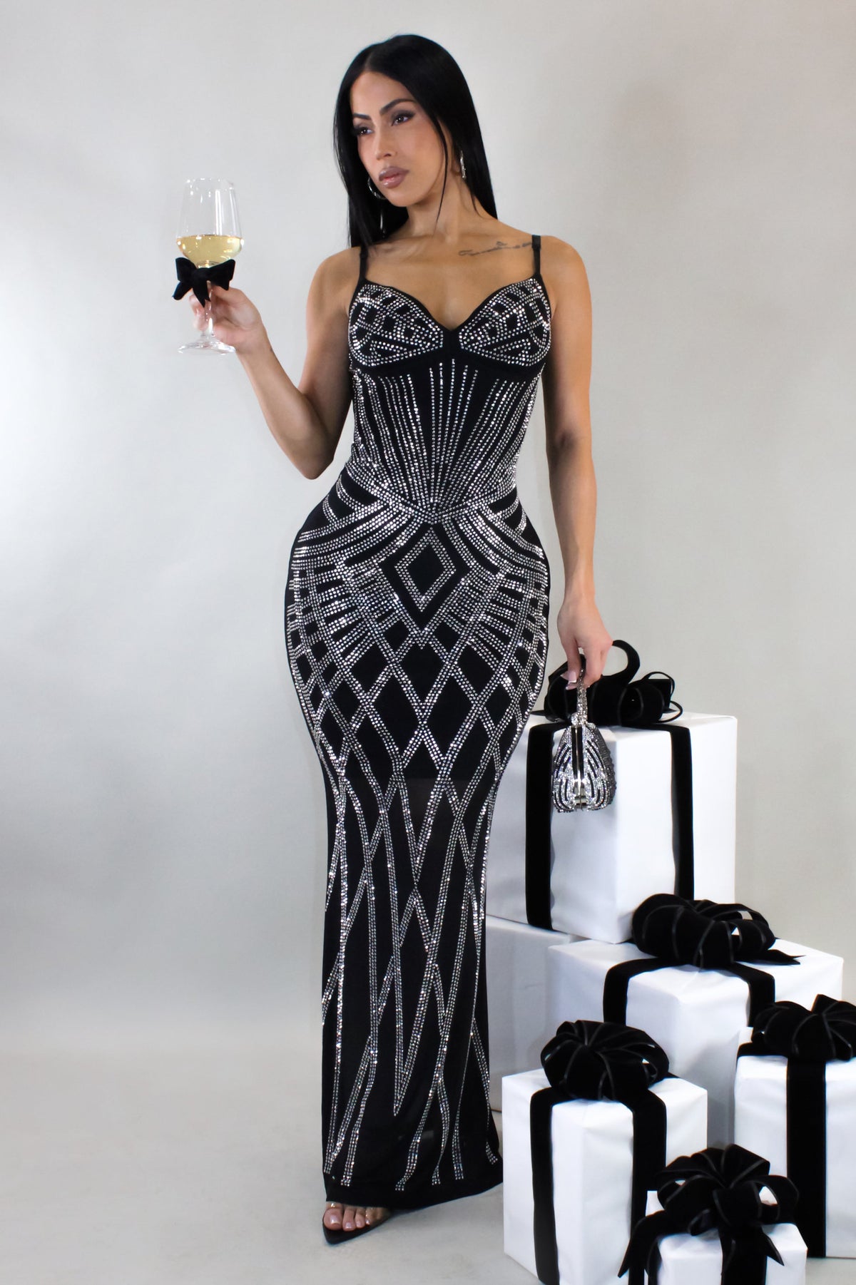 Vestido Longo Rhinestone Drizzle - Preto