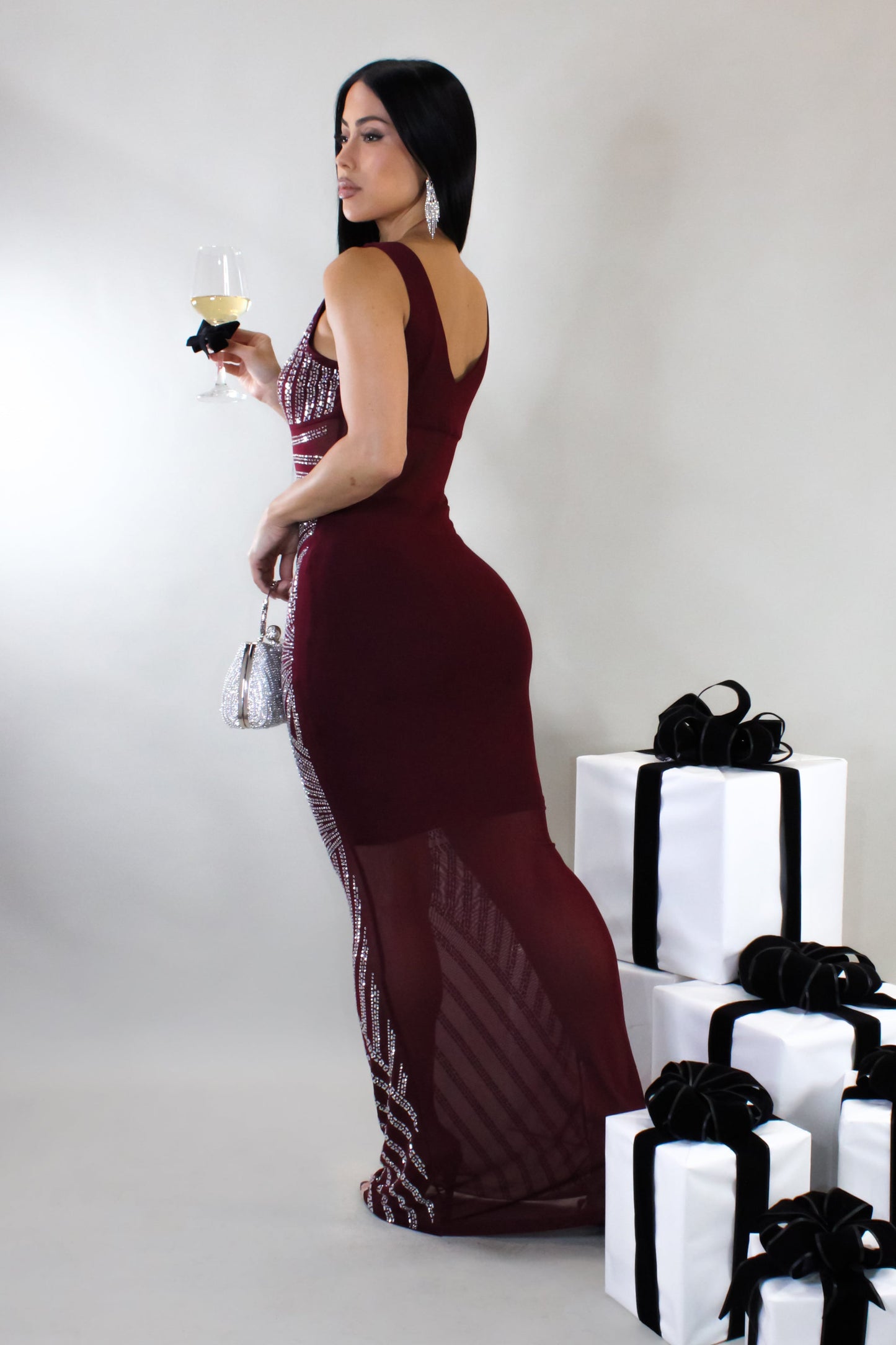Rhinestone Drizzle Maxi Dress- Burgundy