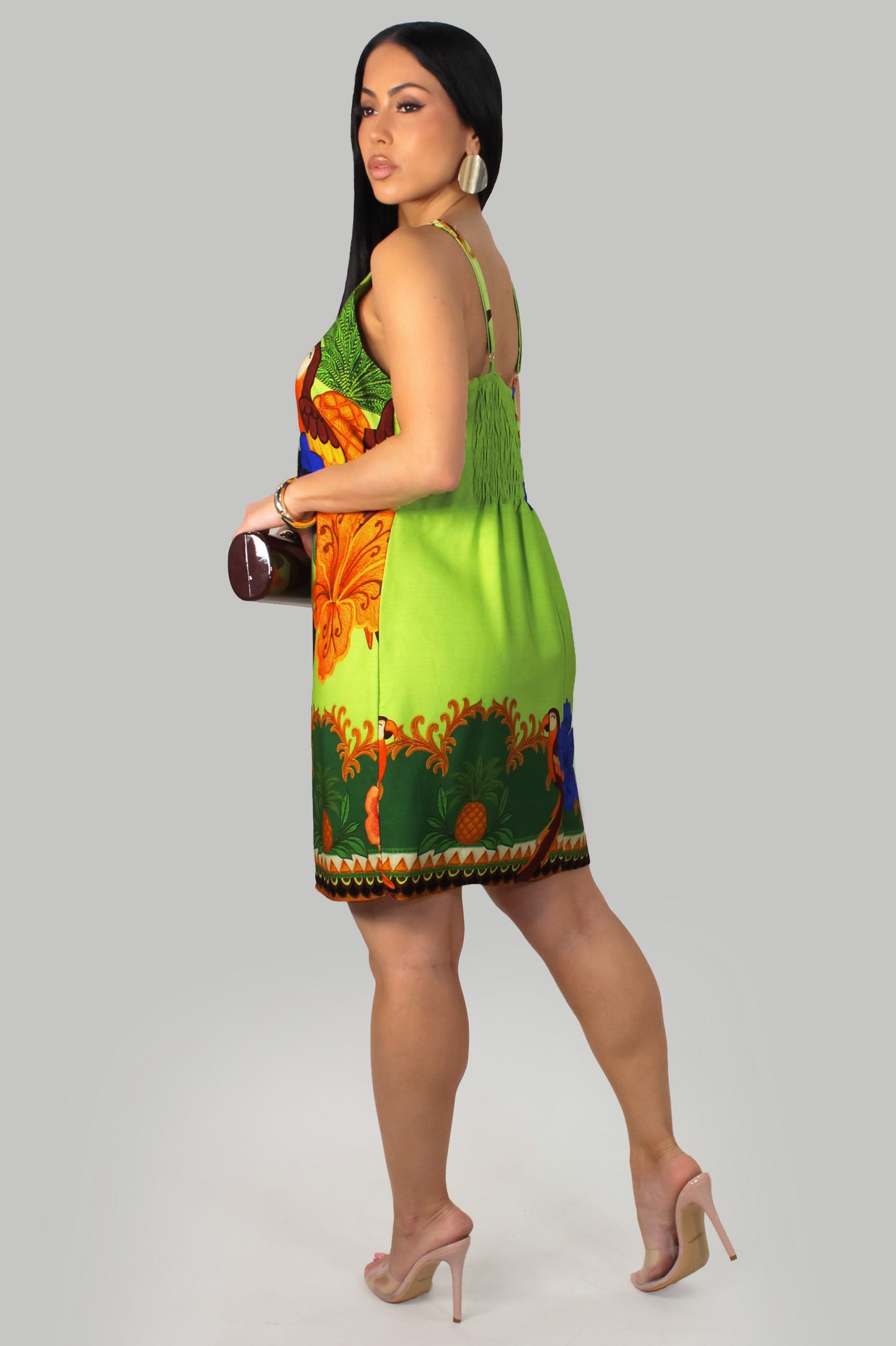 Parrots in a Tree Dress- Lime/Multi