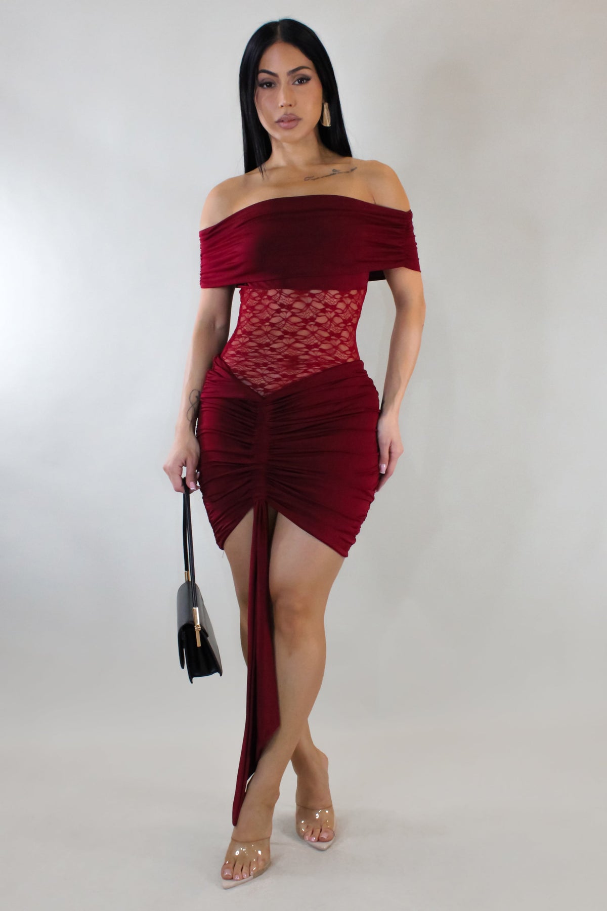 Laced Up Off Shoulder Mini Dress- Red