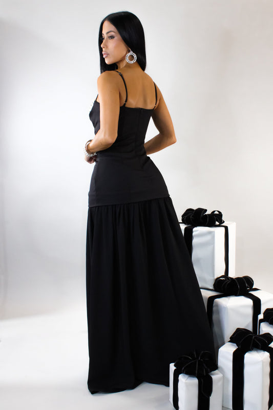 Pearl Embroidered Topped Maxi Dress- Black