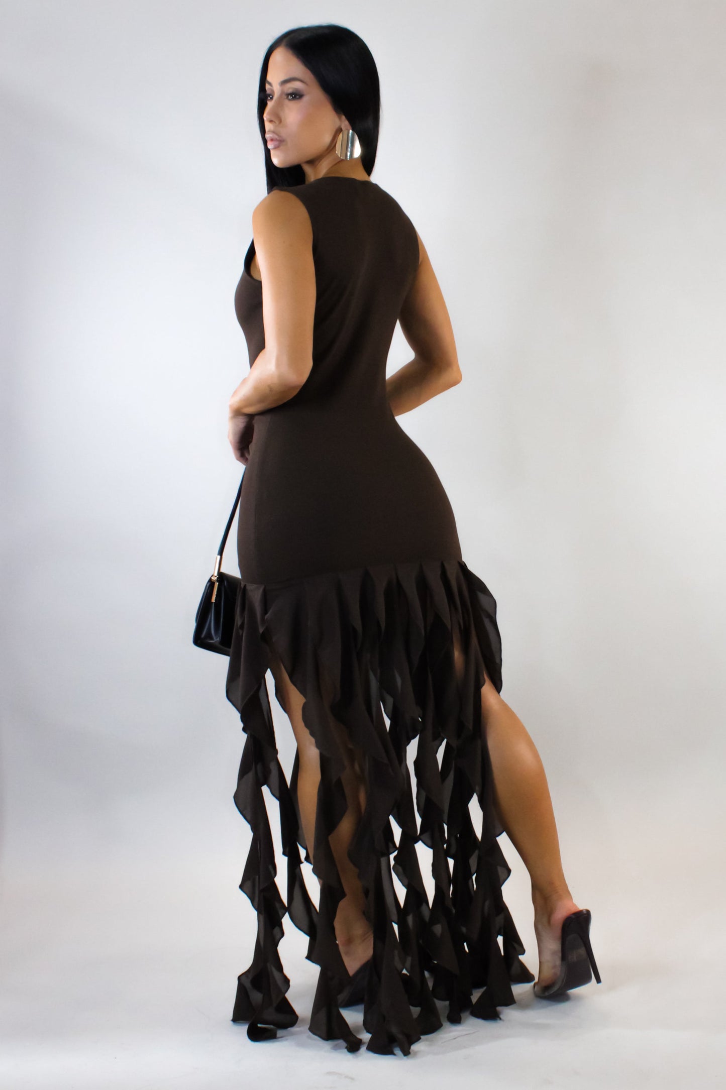 Set in My Ways Ruffled Flames Maxi Dress- Brown