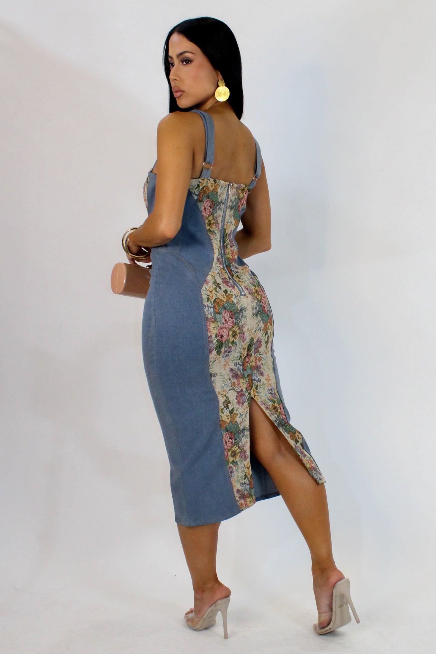Flower Silhouette on Denim Midi Dress